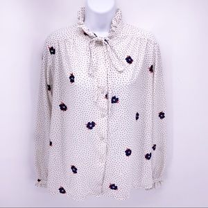 VINTAGE 70s Joyce Polka Dot Floral Button Down Blouse Size S/M